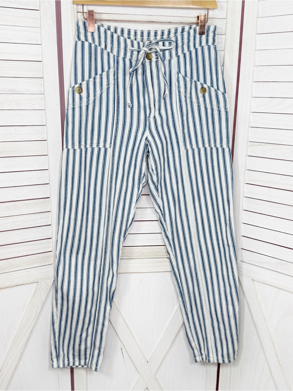 American Eagle Nautical Stripe Drawstring Crop Pants Blue White 2 Resort Beach